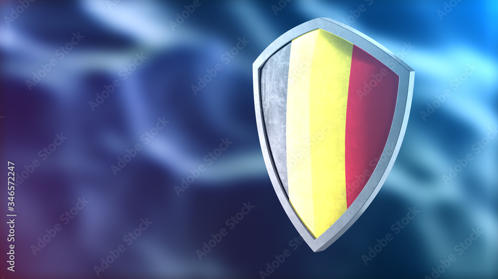 Protection shield and safeguard concept. Shiny steel armor painted as Belgian national flag. Safety badge icon. Privacy banner. Security label and defense sign. Force and strong symbol. 3D rendering Protection shield and safeguard concept. Shiny steel armor painted as Belgian national flag. Safety badge icon. Privacy banner. Security label and defense sign. Force and strong symbol. 3D rendering