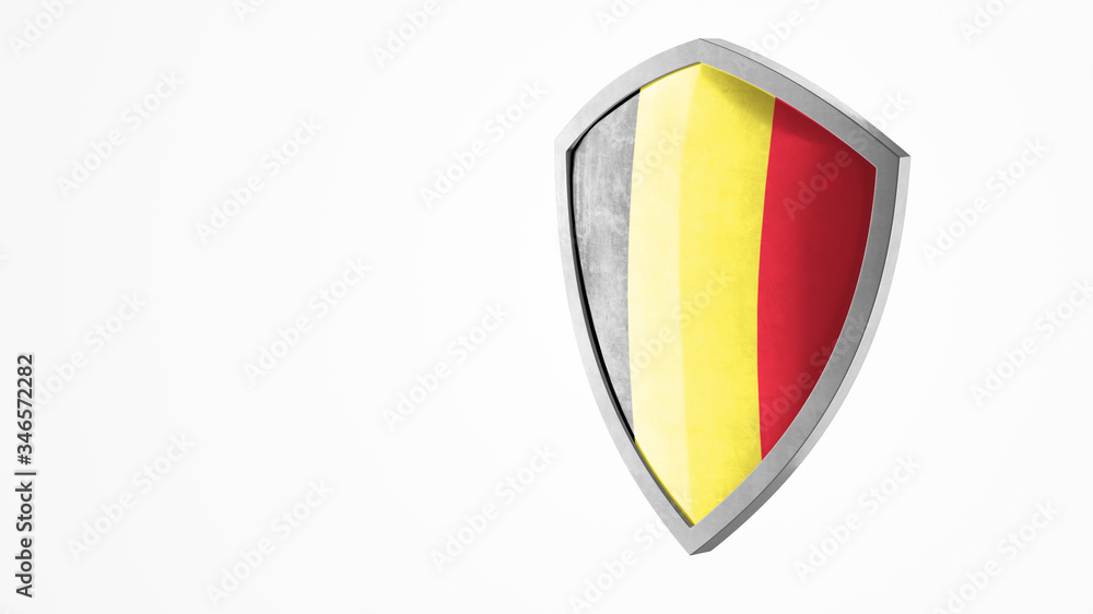 Fototapeta premium Protection shield and safeguard concept. Shiny steel armor painted as Belgian national flag. Safety badge icon. Privacy banner. Security label and defense sign. Force and strong symbol. 3D rendering