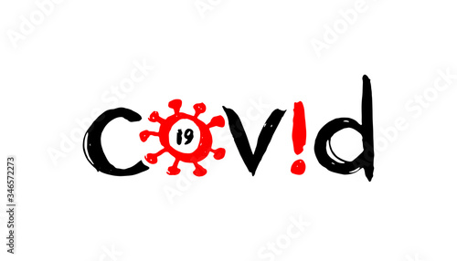 Kovid-19 logo - creative emblem on a white background. coronavirus - calligraphy, cartoon inscription in the style of doodling. symbol of the 2020 pandemic. viral infection - hand drawn font