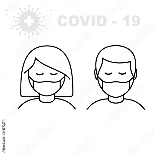 Man and Woman in medical face protection mask. Vector icon of depressed and tired people wearing protective surgical mask. illustration for concepts of disease, sickness, alergies, pollution, corona v