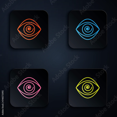 Color neon line Hypnosis icon isolated on black background. Human eye with spiral hypnotic iris. Set icons in square buttons. Vector Illustration