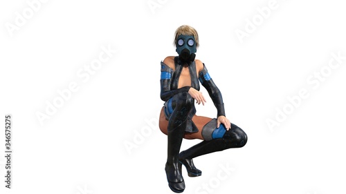 One girl in a futuristic light blue-black suit. She crouches and looks at the camera. White background
