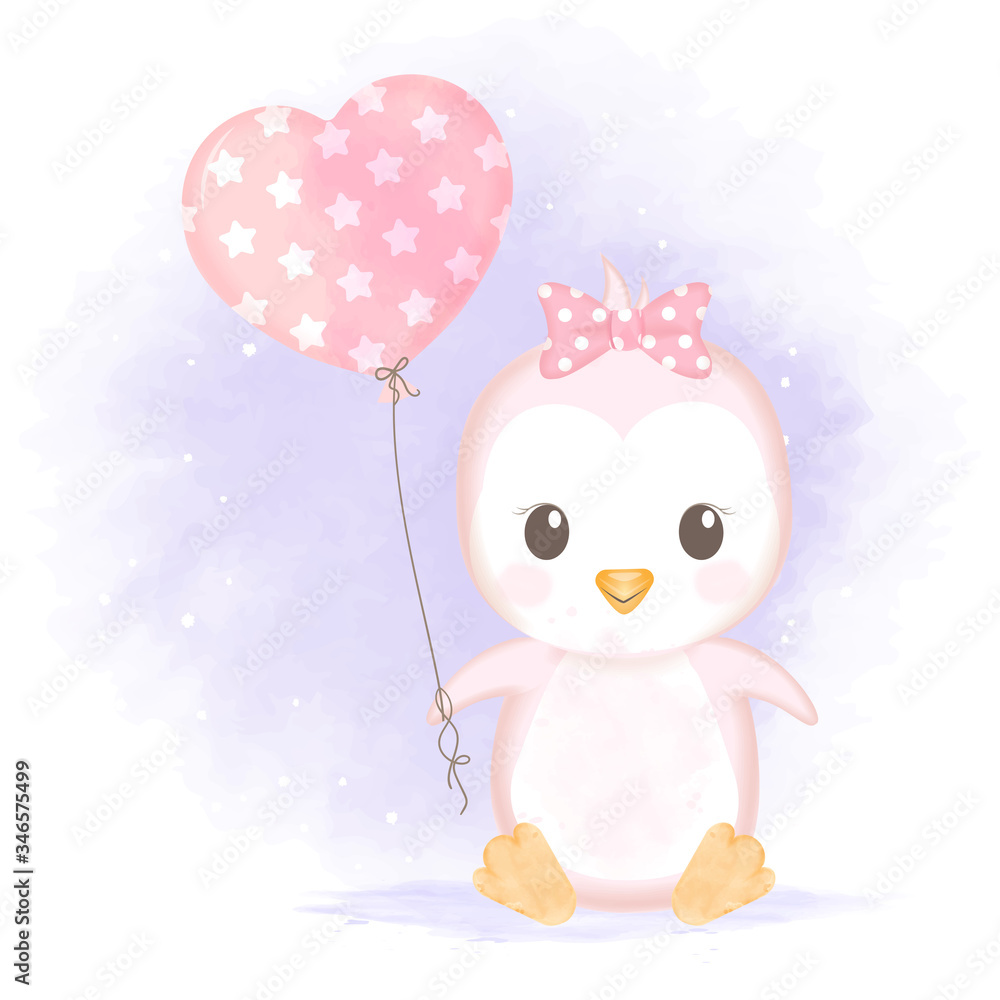 Cute baby penguin with balloon hand drawn cartoon watercolor illustration Cute baby penguin with balloon hand drawn cartoon watercolor illustration