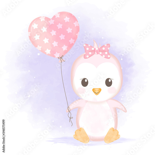 Cute baby penguin with balloon hand drawn cartoon  watercolor illustration