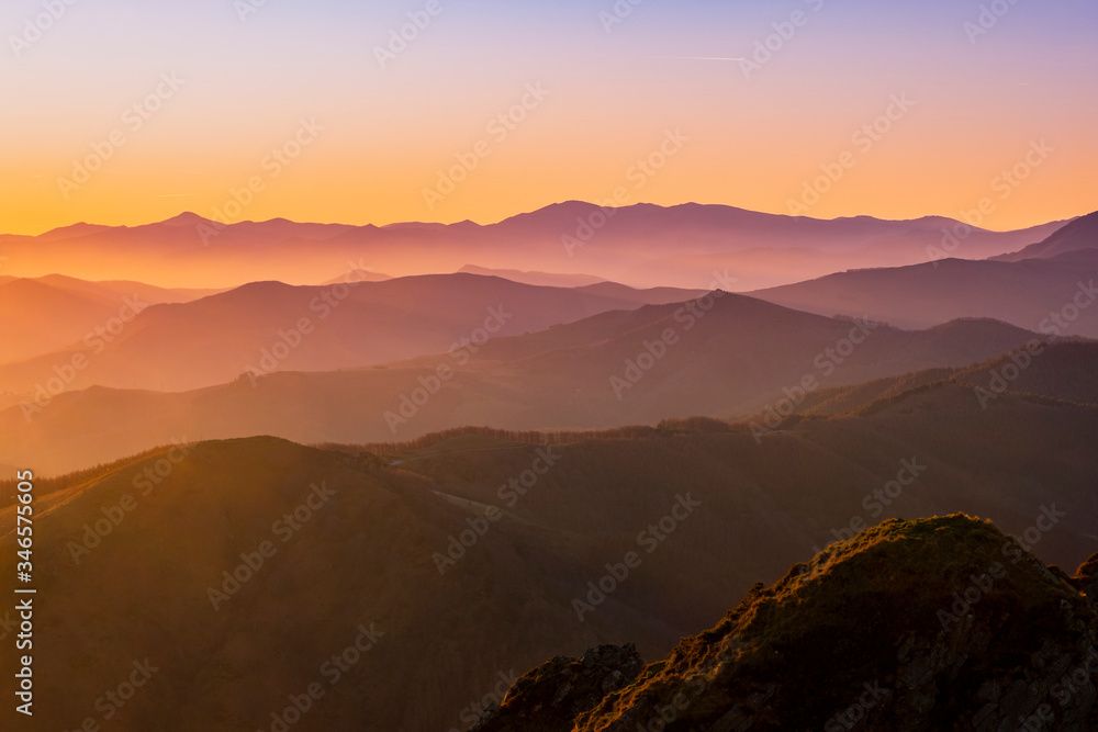 Navarra mountains at sunrise from Aiako Harriak Natural Park, Spain