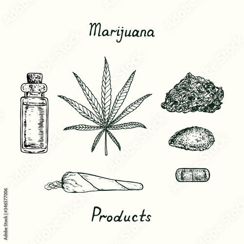 Bottle with essential oil, sativa cannabis leaf isolated, joint, dope, powdered weed (cannabis powder), THC pill, marijuana products, outline simple doodle drawing, gravure style