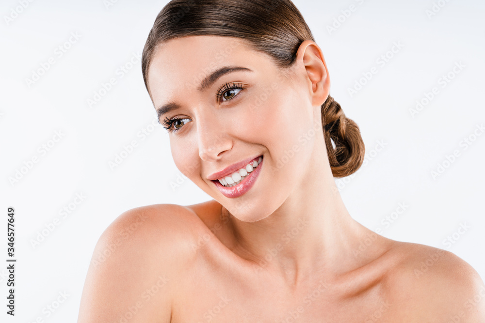 Close up portrait of happy smiling beautiful woman over white background Close up portrait of happy smiling beautiful woman over white background