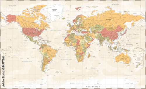 World Map Vintage Political - Vector Detailed Illustration - Layers