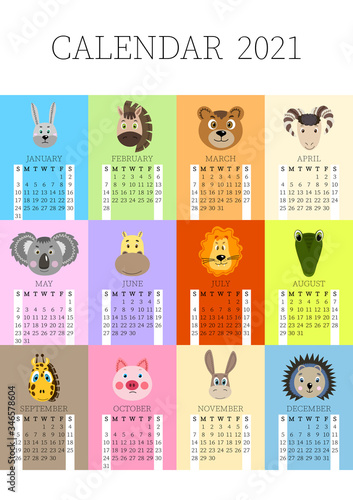 Calendar 2021. Monthly calendar 2021 from Sunday to Saturday. Yearly Planner. Templates with cute hand drawn face animals. Vector illustration. Great for kids. Calendar page for print.
