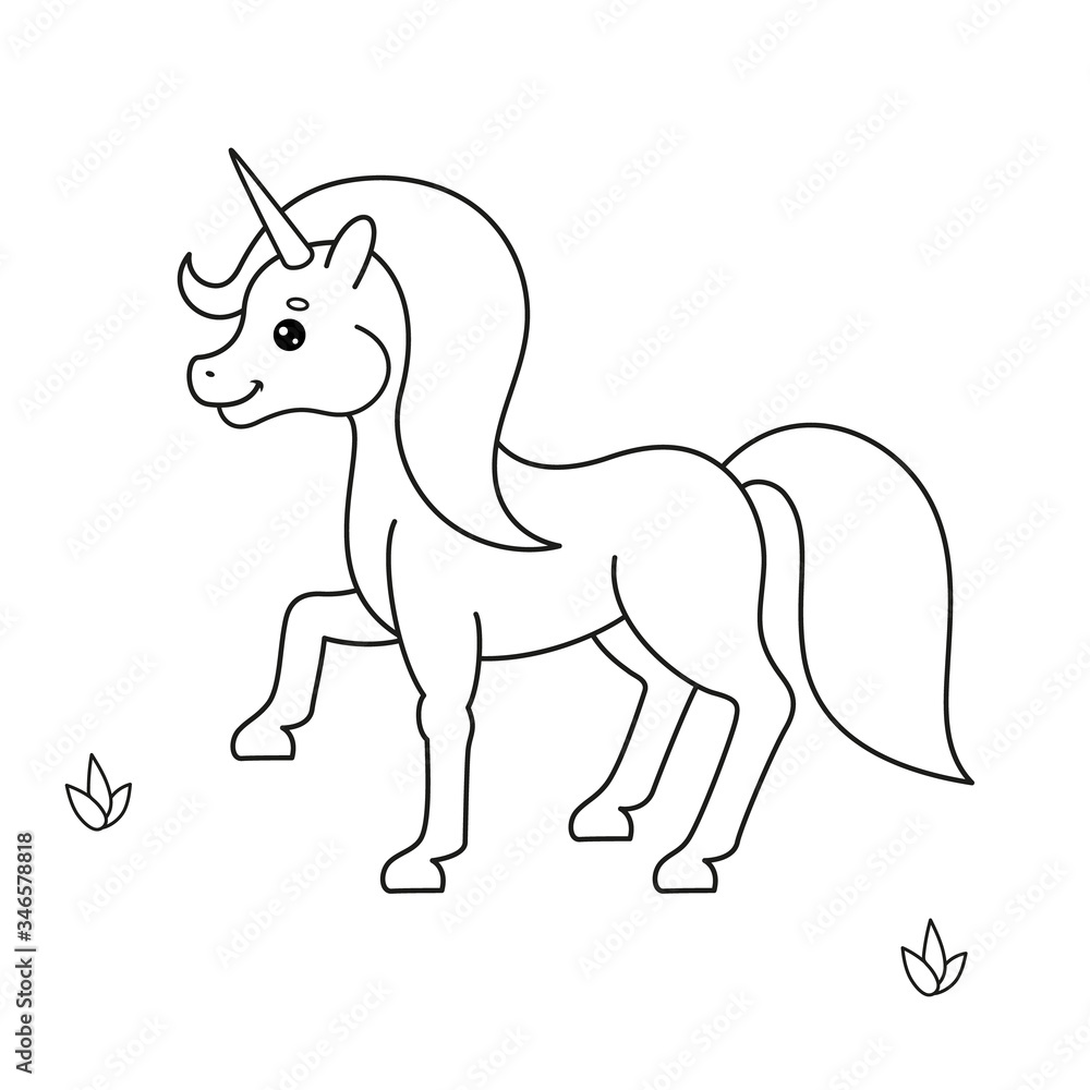 Coloring page with a cute unicorn. Vector Illustration.
