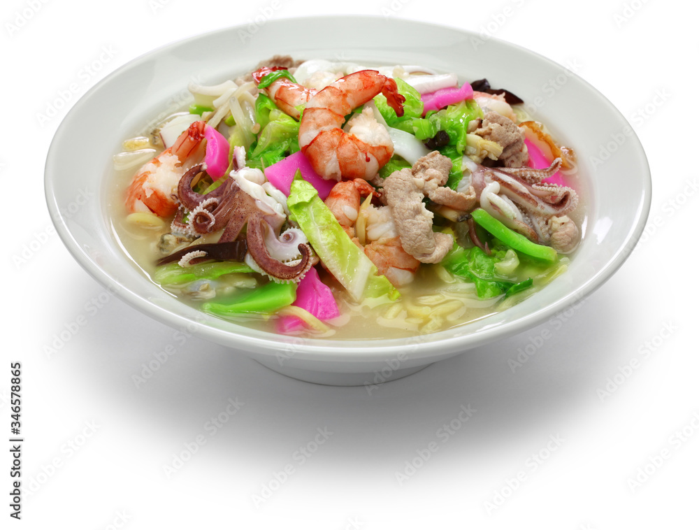 Nagasaki champon noodle soup, Japanese ramen dish Nagasaki champon noodle soup, Japanese ramen dish
