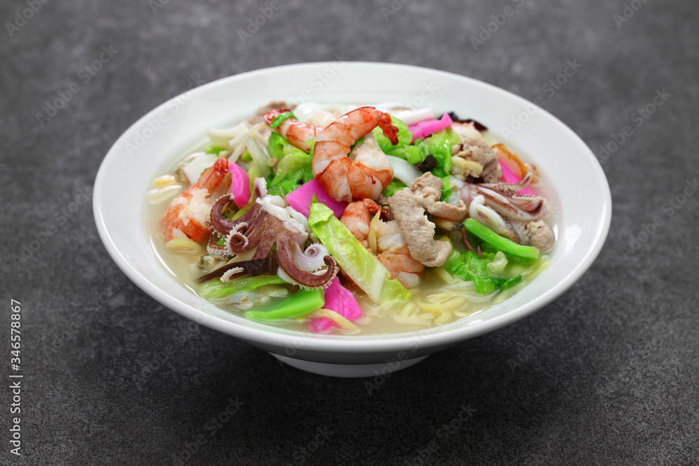 Nagasaki champon noodle soup, Japanese ramen dish Nagasaki champon noodle soup, Japanese ramen dish