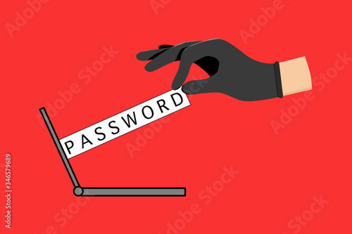 The password was seized from the computer screen with the criminal's hand on red background. The password is being hacked by the hacker.