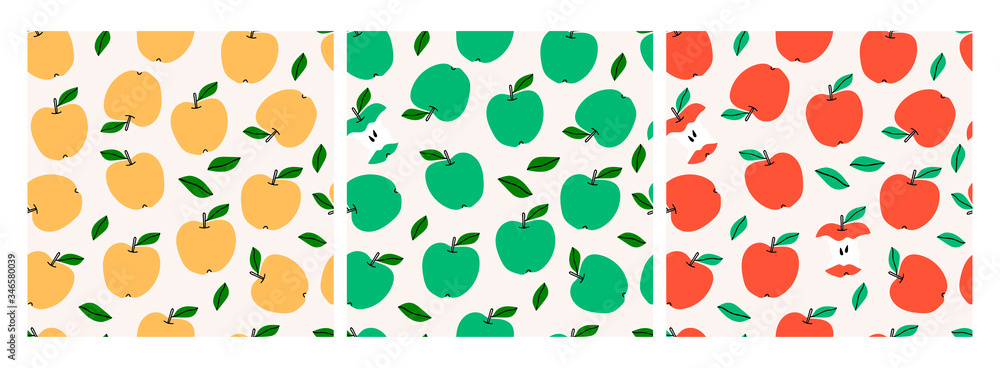 Green, Red, Yellow Apples. Set of three Seamless patterns. Abstract repeated backgrounds. For paper, cover, fabric, gift wrap, wall art, interior decoration. Hand drawn colored Vector illustration Green, Red, Yellow Apples. Set of three Seamless patterns. Abstract repeated backgrounds. For paper, cover, fabric, gift wrap, wall art, interior decoration. Hand drawn colored Vector illustration