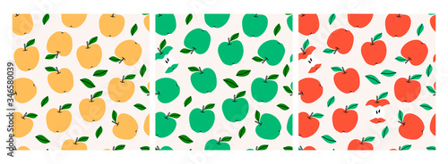 Green, Red, Yellow Apples. Set of three Seamless patterns. Abstract repeated backgrounds. For paper, cover, fabric, gift wrap, wall art, interior decoration. Hand drawn colored Vector illustration
