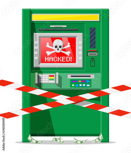 Hacked atm concept, skimming, stealling money from automated teller machine. Out of service or robbery, criminal hacks software in bank. Spyware malware. Computer security. Flat vector illustration
