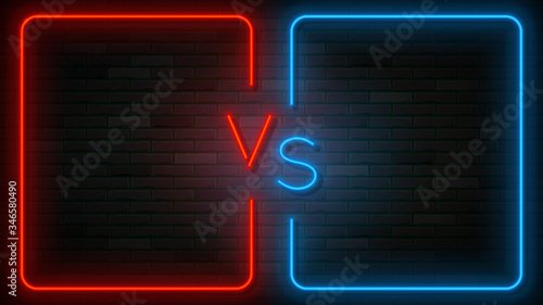 Neon Versus label template. Vector illustration with bright neon frames. VS symbol on dark brick wall.
