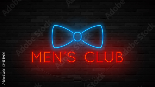 Neon men's club symbol template. Bright label with neon bowtie. Striptease club concept icon isolated on dark brick wall. Vector illustration.