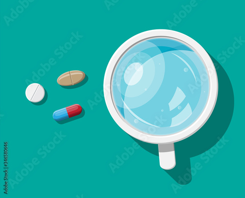 Glass of water, pills, capsules for illness and pain treatment. Taking medication concept. Medical drug, vitamin, antibiotic. Healthcare and pharmacy. Vector illustration in flat style