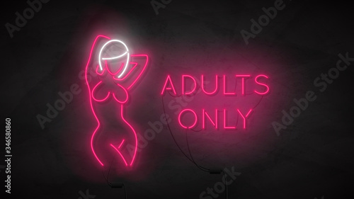 Adults only neon symbol template. Neon silhouette of naked girl. Bright label with woman body isolated on dark concrete wall. Striptease club icon concept. Vector illustration.