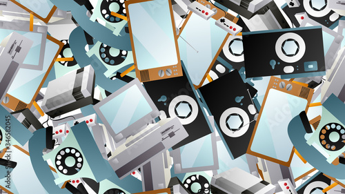 Seamless pattern of retro old hipster electronic devices technology computers cassettes tape recorders mobile phones from the 70s, 80s, 90s, 2000s, background