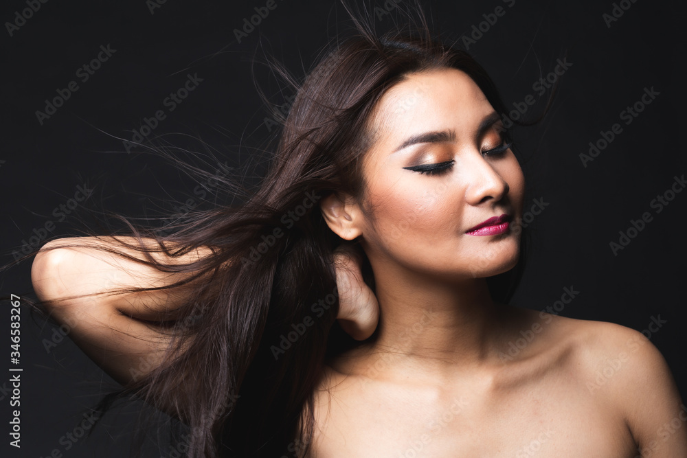 Portrait of young asian woman with makeup long hair. Portrait of young asian woman with makeup long hair.
