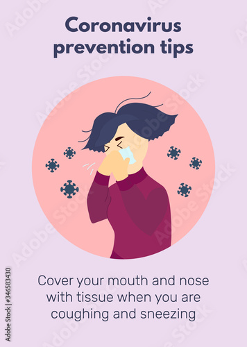 Girl is sneezing and covering her face. Coronavirus prevention tips poster with text cover you mouth and nose when you're coughing. Health care concept. Flat style vector illustration with virus icons