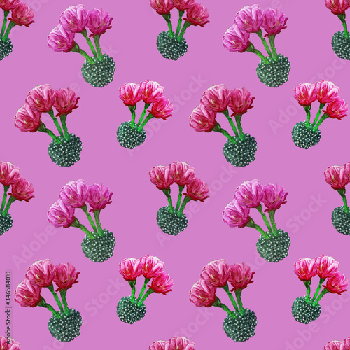 Fototapeta Naklejka Na Ścianę i Meble -  Seamless floral summer tropical pattern background with blooming cactuses, succulents on pink background. Perfect for wallpapers, web page backgrounds, surface textures,textile