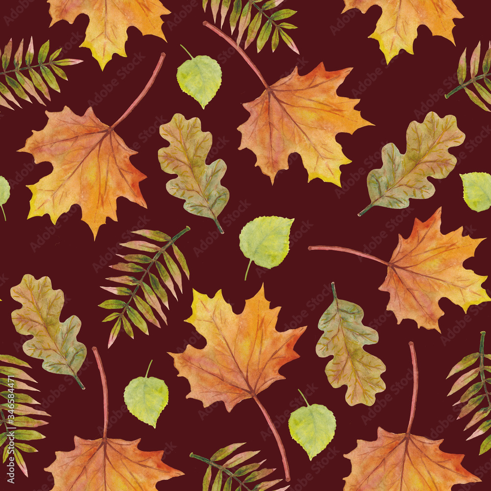 Obraz premium Seamless autumn background. Spring and summer tree leaves. Floral design in watercolor style: orange, yellow, brown red green rowan, birch, oak leaves and maple. Wallpaper, background beautiful
