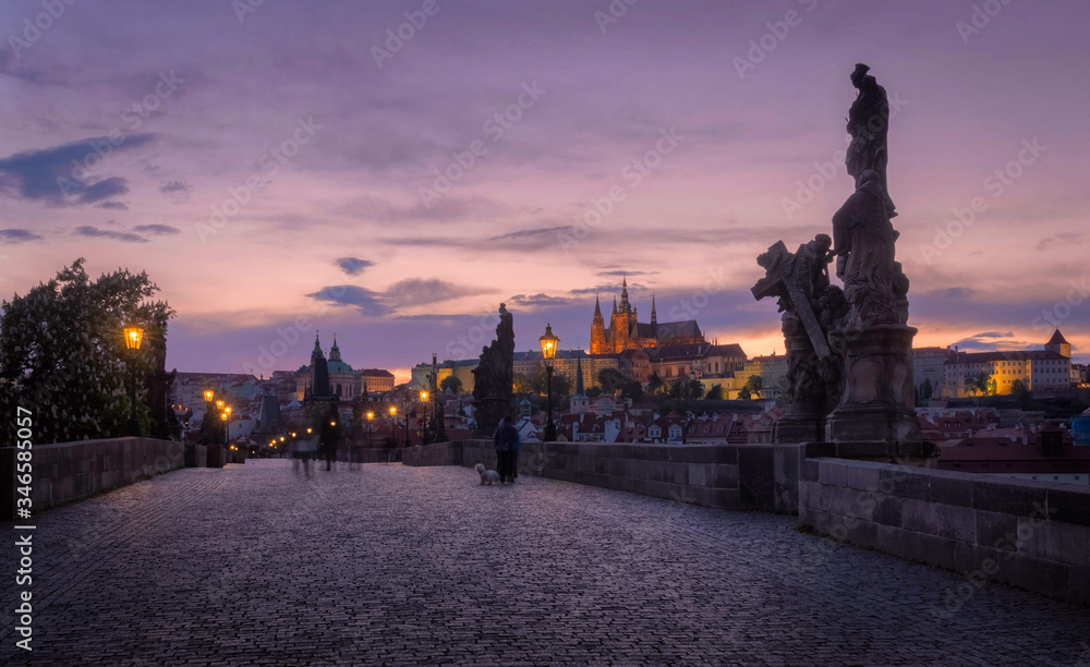 Prague, Charles Bridge in the evening light, the most beautiful bridge in Czechia. Czech Republic