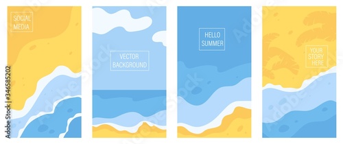 Vertical banners and background for social media stories with copy space for text. Summer sunny landscape with beach, sea, ocean and seaside waves. Summer vacation or tourist agency background. © Katsyarina