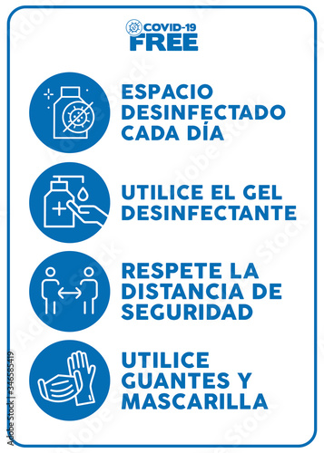 Covid-19 free zone poster writting in spanish.. Signs for shops, stores, hairdressers, establishments, bars, restaurants ...