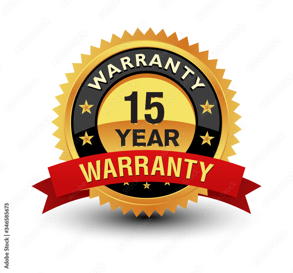 Golden color powerful 15-year warranty badge, seal, sign, label with red ribbon isolated on white background. Golden color powerful 15-year warranty badge, seal, sign, label with red ribbon isolated on white background.