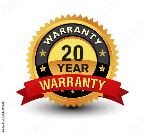 Golden color powerful 20 year warranty badge, seal, sign, label with red ribbon isolated on white background.