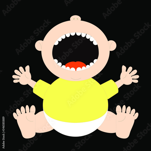 Screaming, crying baby with his mouth wide open. The kid sits on the ass and cries. Hysteria and panic in a child in the family. Stock vector image.