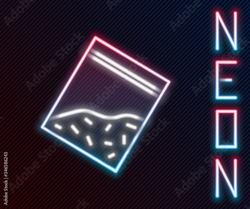 Glowing neon line Plastic bag of drug icon isolated on black background. Health danger. Colorful outline concept. Vector Illustration