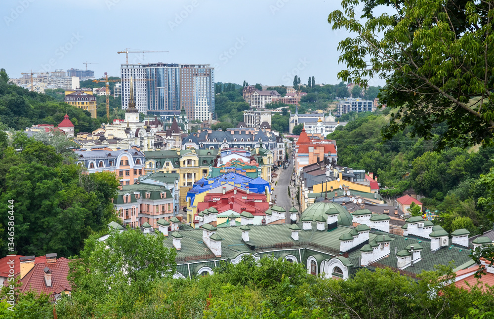 Fototapeta premium View of new apartment houses on Vozdvizhenka Street in new residential district in ancient historical area in Kyiv