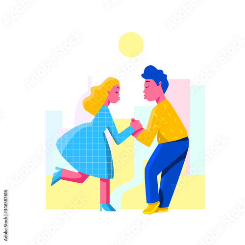 A young couple, man and woman kissing romantically on the city background in sun. Romantic relationships or dating