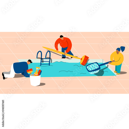 Swimming pool service worker cleaning pool. Outdoor cleaning, swimming pool service, cleaning company concept.