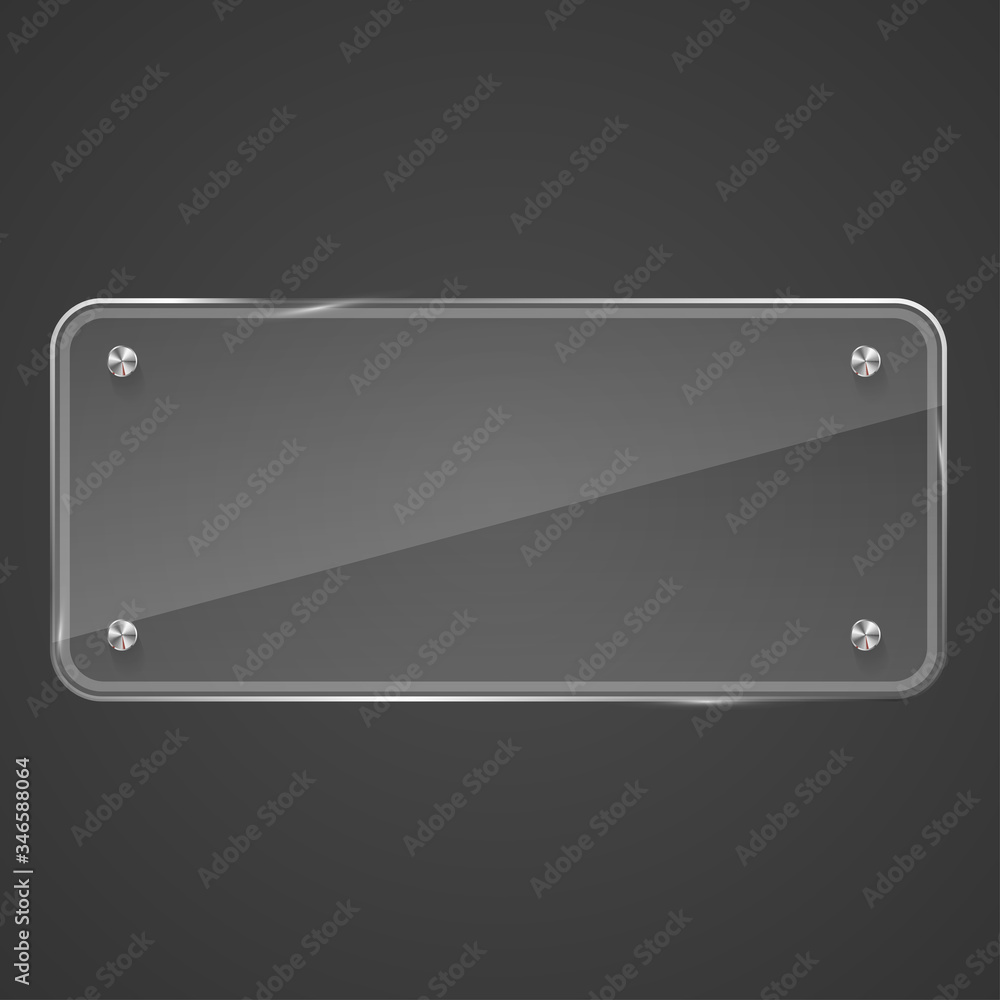 Glass plate on transparent background. Realistic transparent glass window in rectangle frame. Empty glossy glass on gray background. Vector Glass plate on transparent background. Realistic transparent glass window in rectangle frame. Empty glossy glass on gray background. Vector