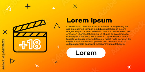 Line Movie clapper with 18 plus content icon isolated on yellow background. Age restriction symbol. Adult channel. Colorful outline concept. Vector Illustration