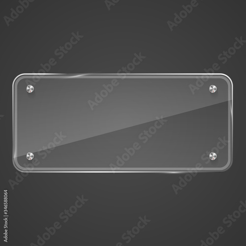 Glass plate on transparent background. Realistic transparent glass window in rectangle frame. Empty glossy glass on gray background. Vector