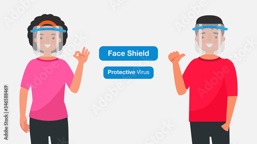 Young men and women wear Medical face mask or shield.Coronavirus quarantine concept.Character Vector illustration.