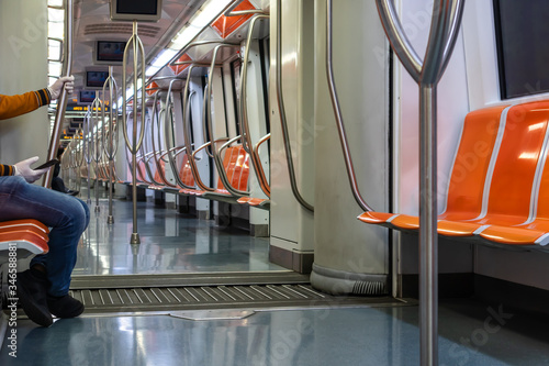 Photography Rome, Italy - April 30, 2020: Inside the metro of line A the seats remain empty due to the quarantine imposed by the coronavirus emergency