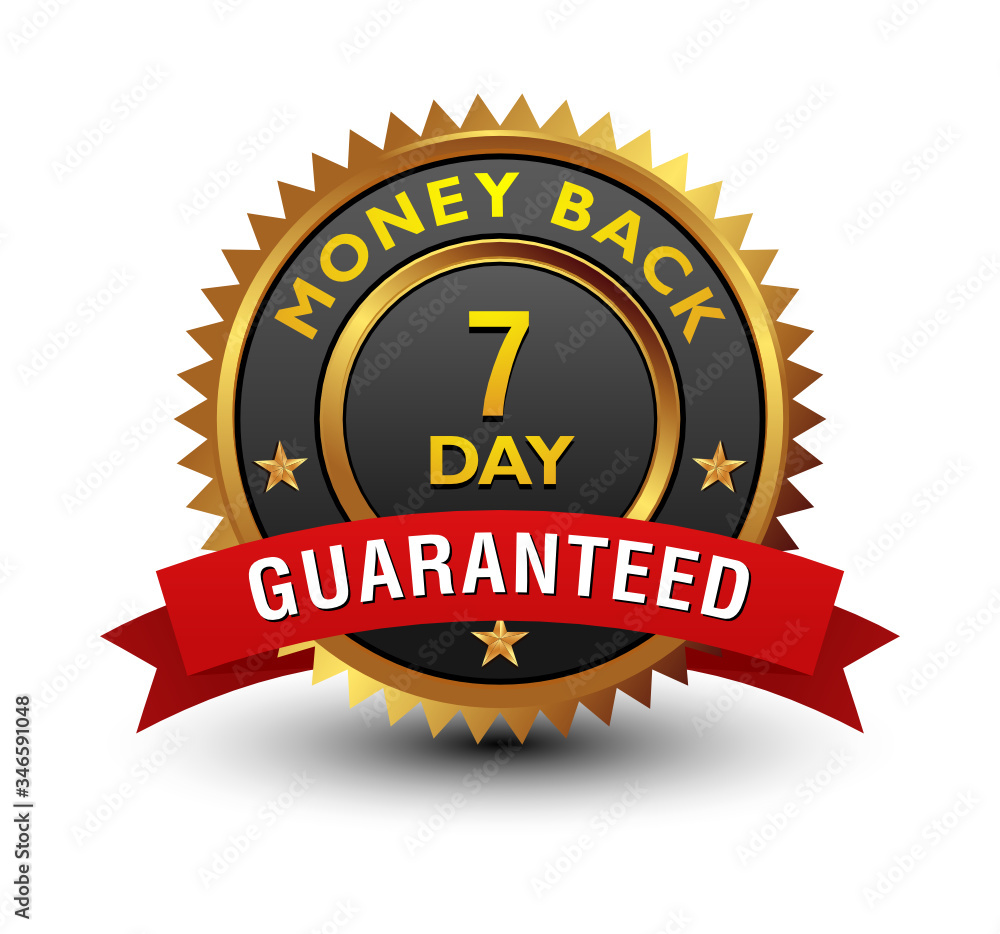 Strong, majestic, powerful, 7 day money back guaranteed badge, sign, seal, stamp, label with red ribbon isolated on white background.