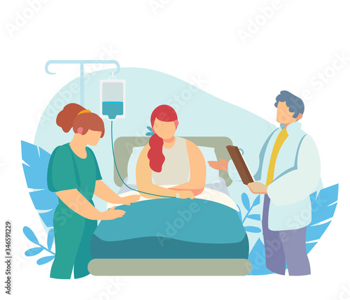 A doctor and a nurse in a patient’s room check his health. Woman lies on a hospital bed.  Illustration in the flat style about health and care. Banner about hospitalization.