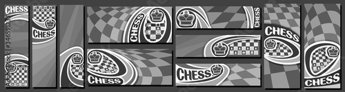 Vector set of Chess Banners, vertical and horizontal decorative art templates for chess events with illustration of curved chessboard and flying on curve trajectory chess crown on abstract background.