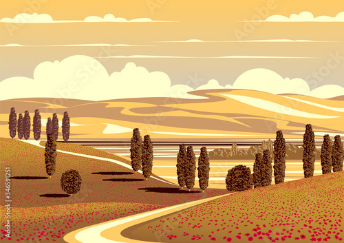 Summer rural landscape with trees, fields, meadows and hills in the background.