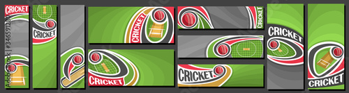 Vector set of Cricket Banners, vertical and horizontal decorative templates for cricket events with illustration of sport field and flying on curve trajectory cricket ball on green abstract background
