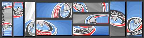 Vector set of Badminton Banners, vertical and horizontal decorative templates for badminton events with illustration of sport court and flying on curve trajectory shuttlecock on abstract background.